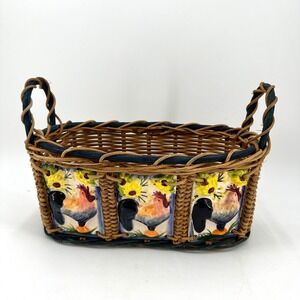 Vintage Rooster Farmhouse Ceramic Tile Wicker Basket Made in Philippines